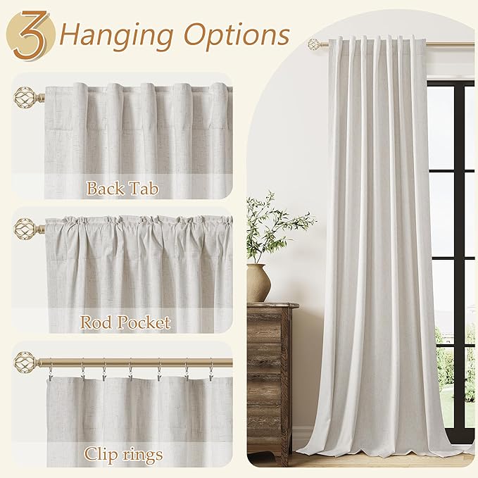 Guken Light Beige Extra Long 100% Blackout Curtains 120 Inch Length 2 Panels Set for Living Room Bedroom Back Tab Thermal Insulated Black Out Linen Drapes Room Darkening Window Curtain, 52x120