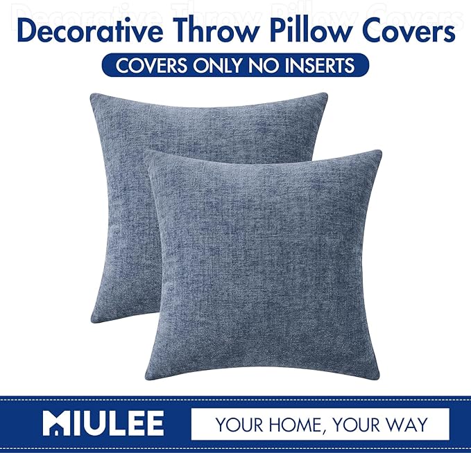 MIULEE Pack of 2 Couch Throw Pillow Covers 16x16 Inch Soft Dark Grey Blue Chenille Pillow Covers for Sofa Living Room Solid Dyed Pillow Cases
