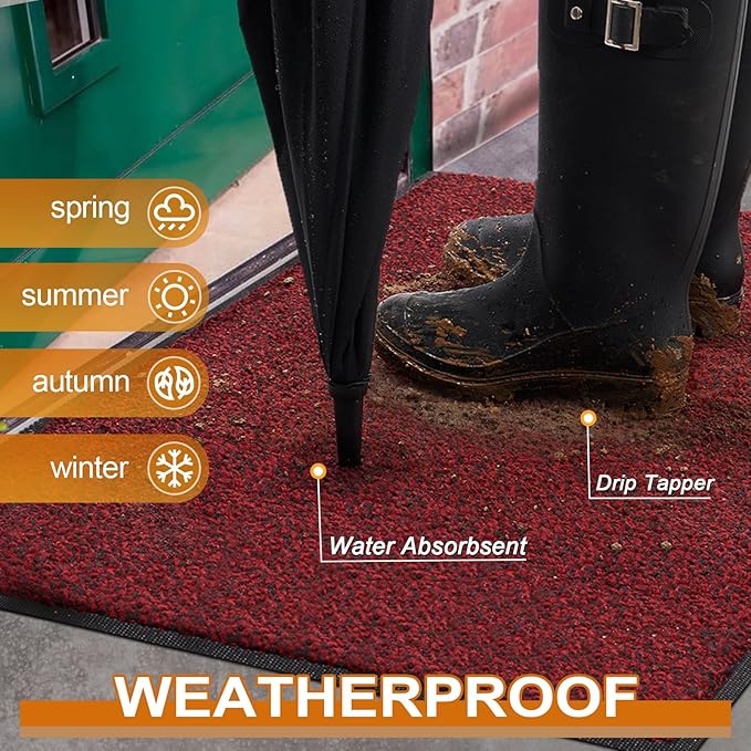 Mibao Front Door Mat, Dirt Trapper Welcome Mat for Outdoor Indoor, Non-Slip Waterproof Doormat, Durable Machine Washable Low Profile Entry Rug for Back Door Outside Patio Porch, 32" x 20", Red
