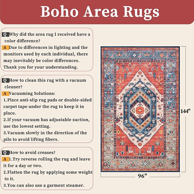SERISSA 8x12 Area Rugs for Living Room, Large Washable Non-Slip Boho Rug, Ultra Soft Vintage Rust Oriental Tribal Print Distressed Carpet for Dining Room Bedroom Office Home Decor