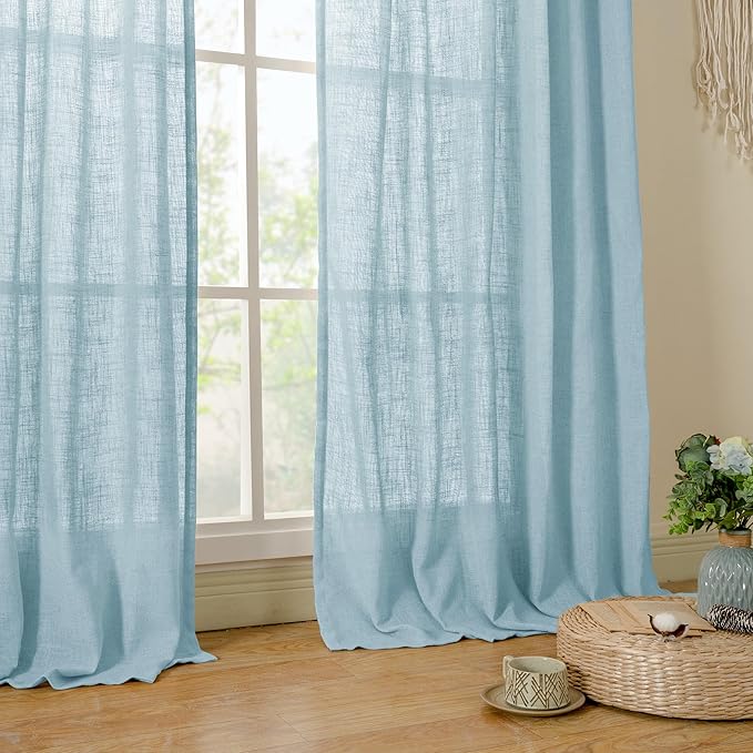 LAMIT Stone Blue Linen Curtains 90 Inch for Living Room, Back Tab and Rod Pocket Linen Textured Farmhouse Panels Light Filtering Drapes for Bedroom/Dining Room, Set of 2, 52 x 90 Inch