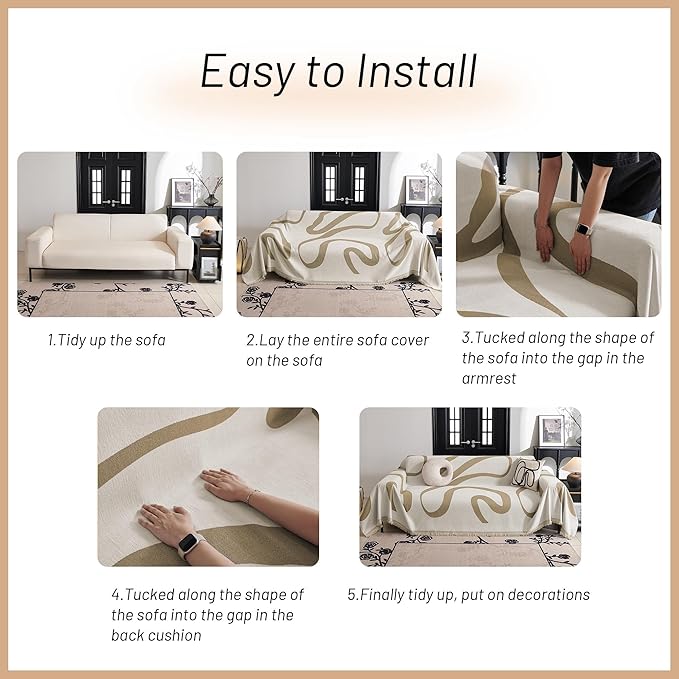 MYSKY HOME Couch Cover for 3 Cushion Sofa, Super Soft Boho Couch Covers for Dogs Washable, Jacquard Slipcover Furniture Protector for Living Room, 91" x 134", Khaki Curve