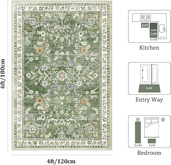 Yamaziot Washable Area Rug 4x6, Non-Slip Boho Floral Living Room Rug with Rubber Backing, Low Pile Distressed Carpet for Bedroom, Living Room, Dining Room, Green