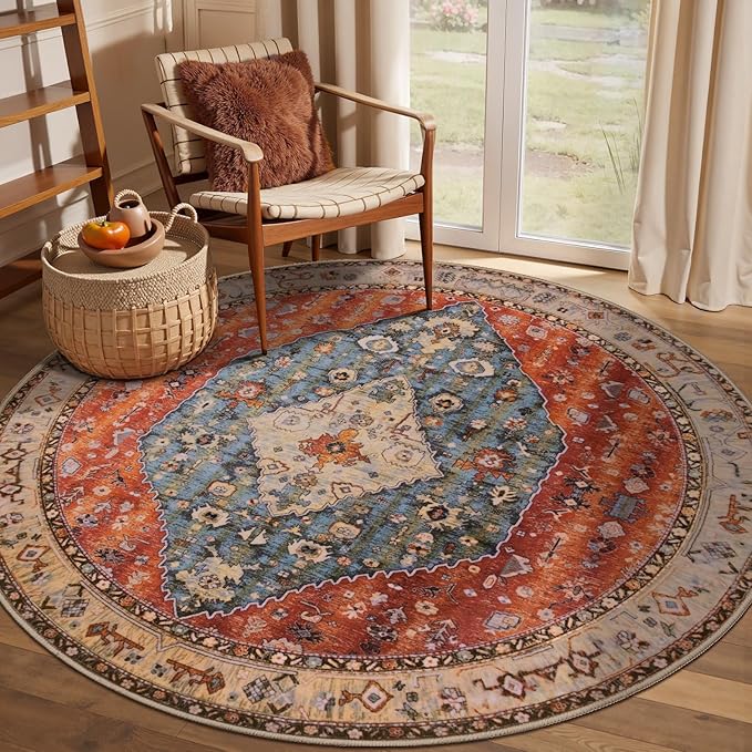 SERISSA Boho Round Area Rug, 4ft Washable Non-Slip Circle Rug, Ultra Soft Oriental Vintage Tribal Low-Pile Small Circular Carpet for Bedroom Entryway Kids Room Office College Dorm Living Room