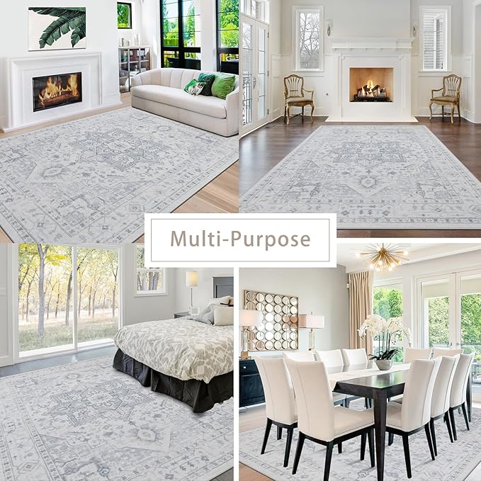 Srugn Area Rug 6x9 Washable Area Rugs for Living Room- Ultra Soft Non-Shedding Faux Wool Bedroom Rug Large Grey Vintage Print Rugs with Non Slip Rubber- Indoor Retro Foldable Carpet for Dining Room
