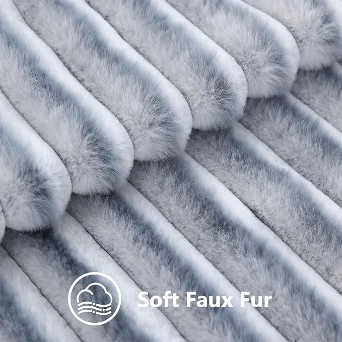 decorUhome Cozy Faux Fur Throw Pillow Covers 26x26 Set of 2 Decorative Soft Plush Striped Modern Farmhouse Boho Couch Euro Sham Pillow Cases with Velvet Back for Sofa Bed Living Room, Grey White