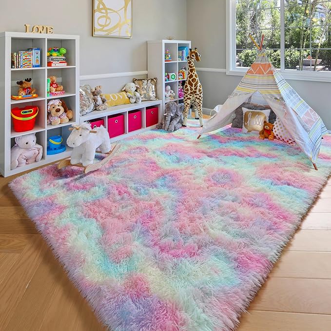ONASAR Rainbow Area Rugs for Living Room, 5x8 Fluffy Girls Bedroom Rug, Indoor Ultra Soft Plush Shaggy Large Floor Carpets for Nursery Kids Baby Boys Teen Dorm Playroom Home Decor Aesthetic
