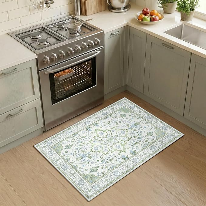 Area Rugs 2'6''x4' Kitchen Rugs Entry Rug Small Rugs for Entryway Kitchen Bathroom Door Mat Indoor Entrance,Washable Non Slip, Green White Blue