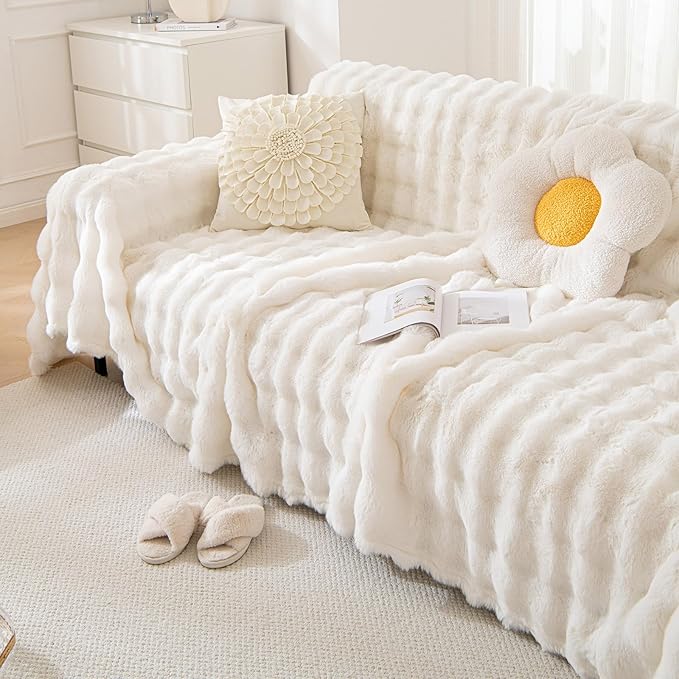 HANDONTIME White Sofa Covers Dog Couch Cover Rabbit Plush L Shaped Couch Covers Faux Fur Sofa Slipcovers for 3 Seat Cushion Couches Shaggy Couch Cover Blanket Washable Thick Soft, 71" X134"