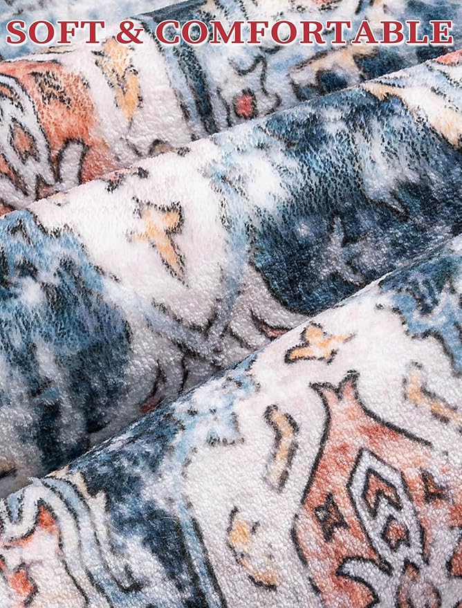 SERISSA Runner Rug for Hallways, 2'6"x12' Washable Non Slip Kitchen Runner Rug, Extra Long Boho Rug Ultra Soft Vintage Blue Orange Floor Carpet for Bedroom Hallway Entryway Bathroom Laundry Room