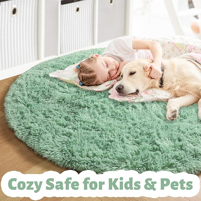 Amdrebio Sage Green Round Rugs 5Ft for Bedroom, Fluffy Furry Circle Rug for Nursery, Baby Kids Room Decor, Cute Shaggy Area Rugs for Preppy Dorm, Teen Girls Boys, Fuzzy Indoor Light Mint Green Carpet