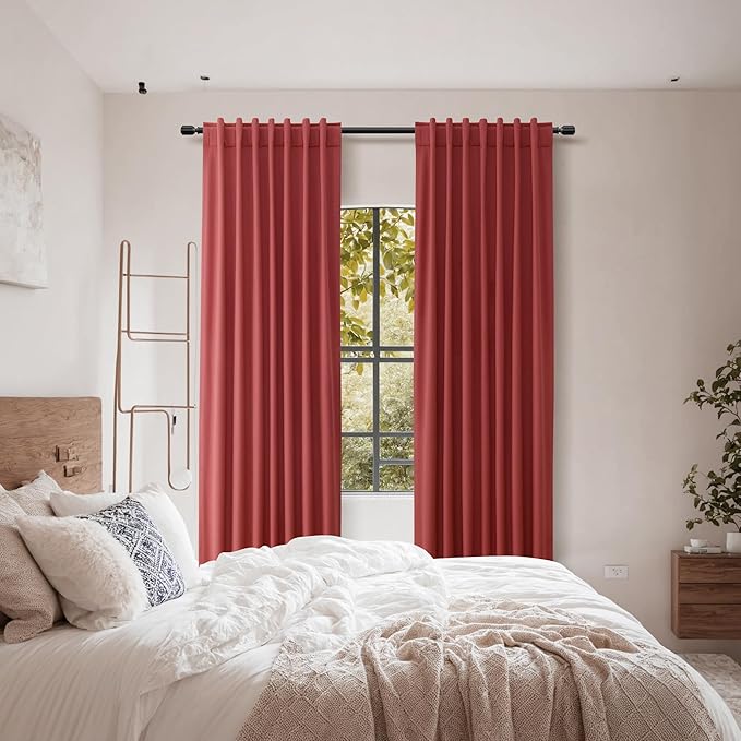 Guken Red 100% Blackout Linen Curtains 90 Inch Length 2 Panels Set for Living Room Bedroom Back Tab Thermal Insulated Black Out Drapes Room Darkening Farmhouse Window Curtains 90 Inches Long