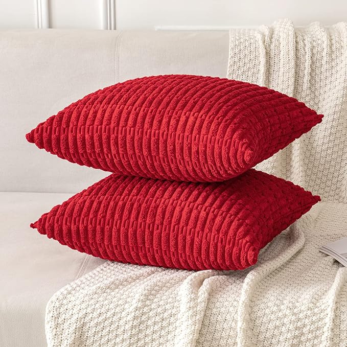 MIULEE Pack of 2 Red Corduroy Decorative Euro Sham Pillow Covers 24x24 Inch Soft Boho Striped Throw Pillow Covers Modern Farmhouse Home Decor for Sofa Living Room Couch Bed