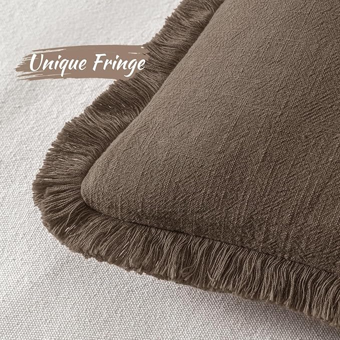 MIULEE Decorative Throw Pillow Covers Neutral Linen Fringe Throw Pillows Euro Shams Set of 2 Chocolate Brown Boho Farmhouse Cushion Covers for Couch Sofa Bed Living Room Spring Home Decor 22x22 Inch