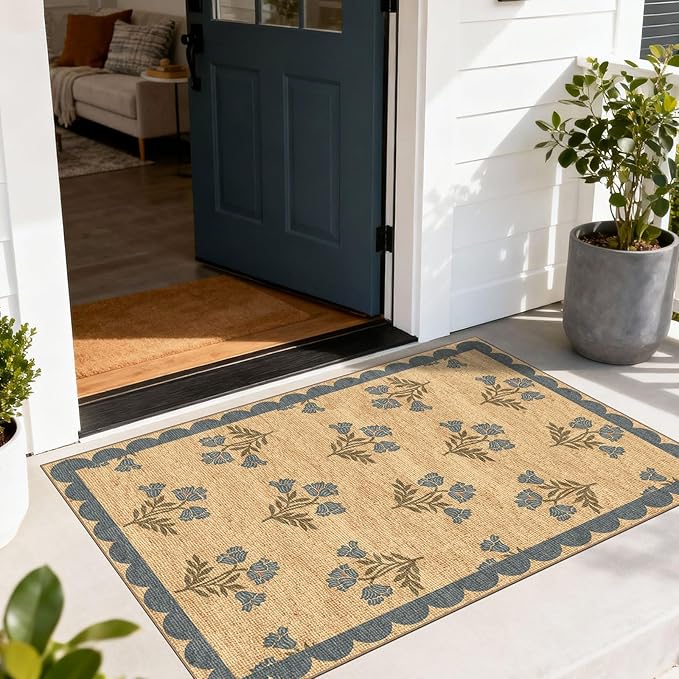 Floral Outdoor Rug - 28" x 43" Front Door Mat Indoor Outside Entrance Non-Slip Washable Outdoor Mat Jute-Look Blue Scalloped Rug for Entryway Kitchen Mudroom Layered Doormat for Front Porch