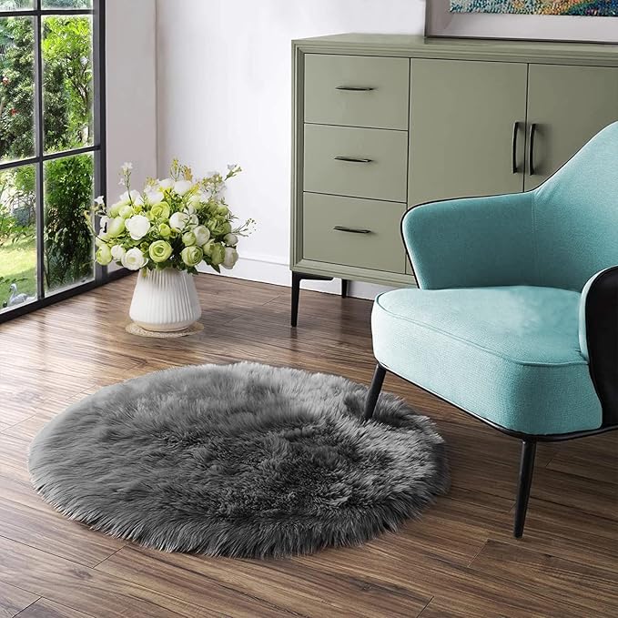 Latepis Round Area Rugs Dark Gray 6.7ft Faux Sheepskin Fur Circle Rug for Living Room Bedroom Fluffy Shaggy Furry Rug Room Decor