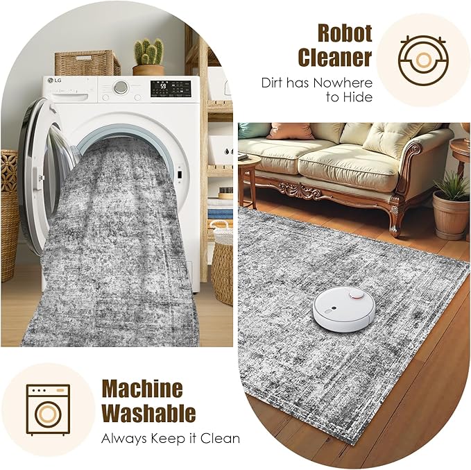 Washable Area Rug 6' x 9' Vintage Traditional Persian Mat - Foldable Distressed Non-Slip Machine Washable Carpet for Living Room Bedroom Kitchen Home Decor - Graphite and Mist