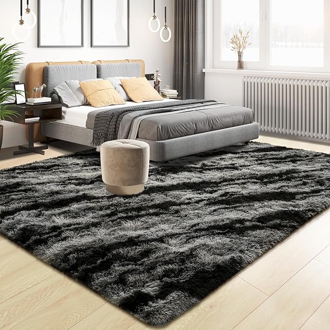 Tepook Soft Fluffy Rugs for Living Room, 5x8 Shaggy Area Rug for Bedroom, Modern Shag Rug Fuzzy Carpets for Kids, Plush Indoor Nursery Home Decor Rug with Non-Slip Bottom, Black Grey