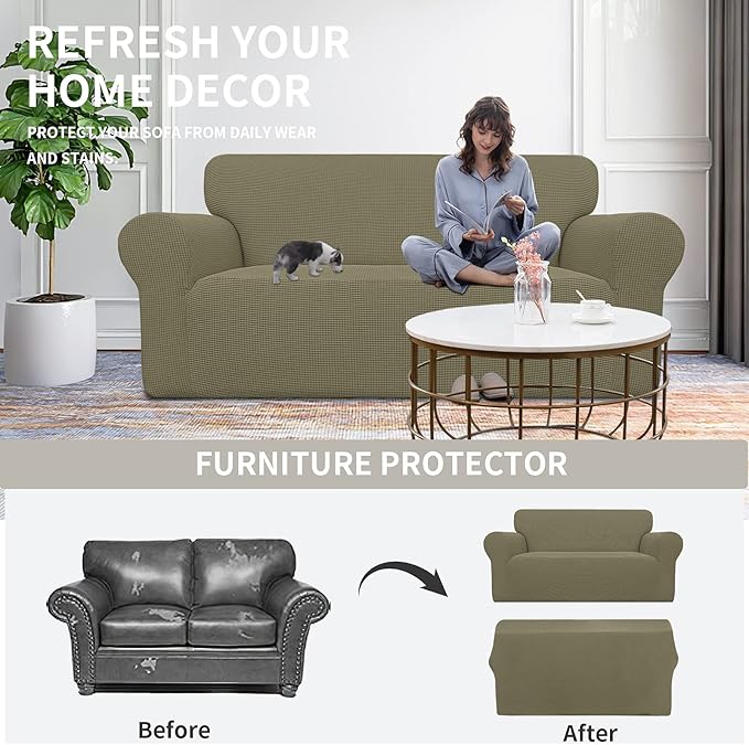 Easy-Going Stretch Oversized Loveseat Slipcover 1-Piece Sofa Cover Furniture Protector Couch Soft with Elastic Bottom for Kids Polyester Spandex Jacquard Fabric Small Checks Khaki