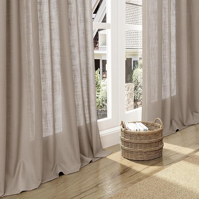Nanspring Light Taupe Linen Curtains 63 Inches Length 2 Panels Set for Living Room Back Tab Pocket Light Filtering Semi Sheer Drapes Modern Farmhouse Cotton Linen Textured Window Curtain 52X63 Inch
