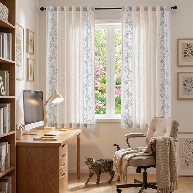 jinchan Evelyn Embroidered Linen Curtains 63 inch Floral Curtains for Living Room Bedroom Farmhouse Cottagecore Semi Sheer Light Filtering Window Drapes Rod Pocket Back Tab 2 Panels W50 x L63 Blue