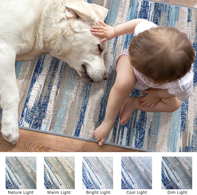 Lansny Modern Abstract Kitchen Rug Set of 2, 2x3 and 2x5 Blue Washable Rug Runner Non Slip Kitchen Mat, Soft Faux Wool Throw Carpet for Entryway, Hallway, Bedroom, Bedside, Laundry Room, Office