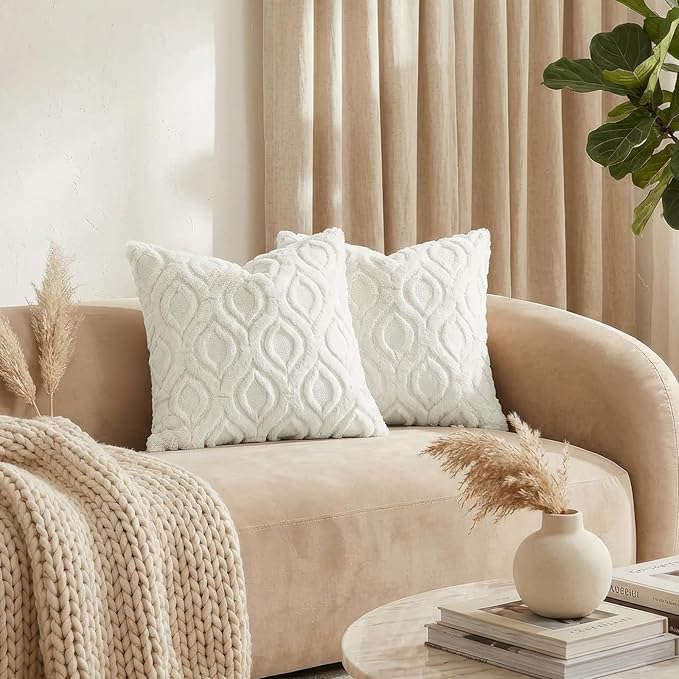 decorUhome Throw Pillow Covers 16x16 Inch Set of 2, Soft Plush Faux Wool Cream White Solid Couch Pillow Covers, Accent Farmhouse Neutral Square Pillow Cases for Sofa Bed Living Room