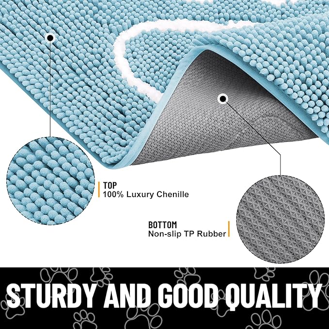 Smiry Dog Door Mat for Muddy Paws, Absorbent Dirt Trapper Non Slip Quick Dry Washable Chenille Mat for Mud Dogs, Entry Rug for Indoor and Outdoor (24x16 Inches, Sky Blue and White)