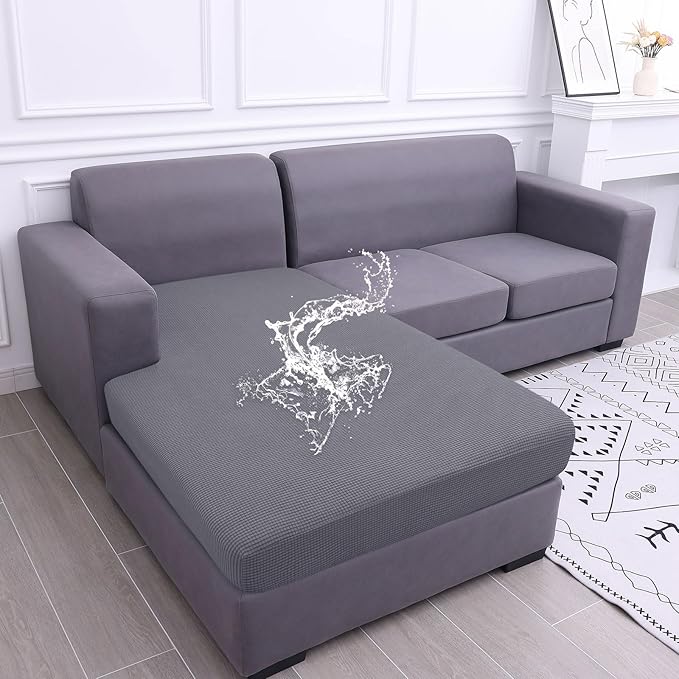 hyha Waterproof Sectional Couch Covers, Non Slip Sofa Couch Cushion Covers L Shape, Thick Stretch Jacquard Fabric, Washable Sofa Slipcovers with Elastic Bottom (1 Piece for Chaise XL, Middle Grey)