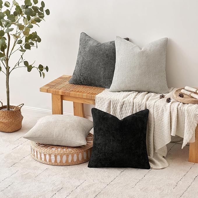 MIULEE Pack of 2 Couch Throw Pillow Covers 16x16 Inch Black Modern Boho Accent Decorative Pillow Covers Soft Chenille Farmhouse Cushion Covers for Home Decor Bed Sofa Living Room