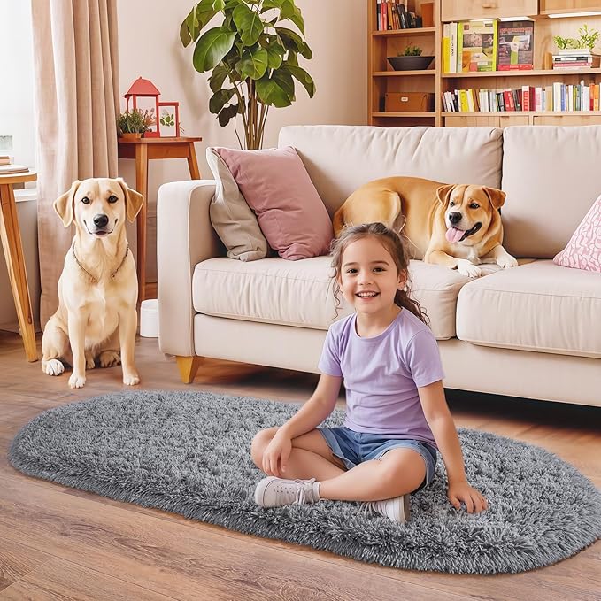 Pionblank Fluffy Oval Area Rug for Bedroom 3.3x6.2 Feet, Cute Plush Throw Rugs for Bedside, Ultra Soft Shag Carpet for Living Room Kids Room Nursery Teens Dorm Home Decor, Grey