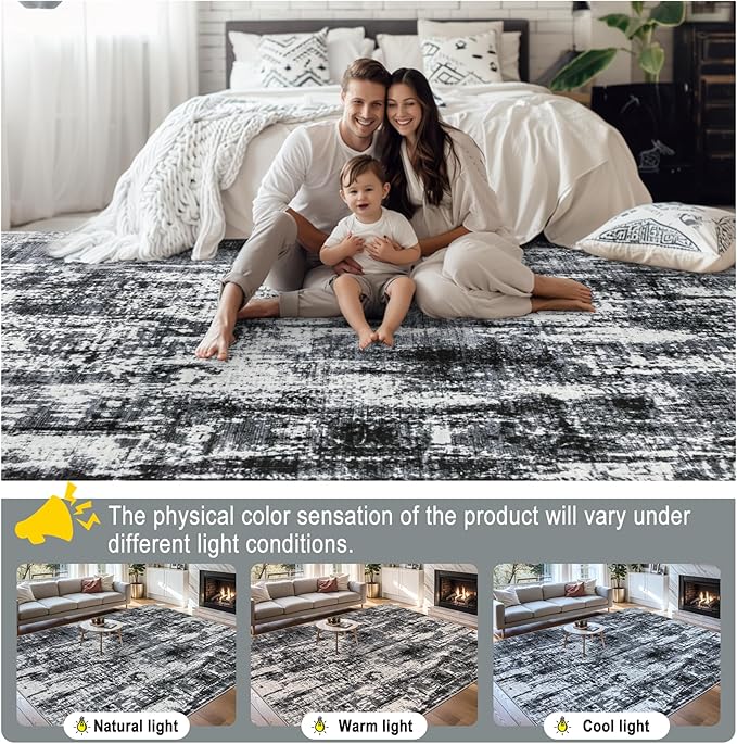 Area Rugs Living Room Rug - 5x7 Washable Modern Abstract Soft Neutral Non-Slip Carpet Large Indoor Floor Thin Carpets for Bedroom Dining Room Farmhouse Nursery Home Office Black