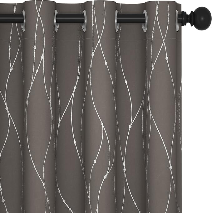 Deconovo Blackout Curtains, Thermal Insulaed Soundproof Drapes, Wave Dots Silver Print, 52 x 95 Inch Long, Set of 2, Machine Washable Window Panel for Sliding Door Bedroom Living Room Nursery, Taupe