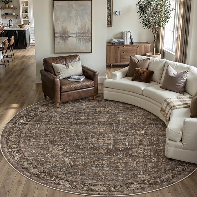 6x6 Washable Round Rug for Living Room Bedroom Vintage Brown Carpet Soft Low Pile Traditional Retro Non Slip Cirlce Rug for Dining Room Entryway Indoor Dorm Kitchen