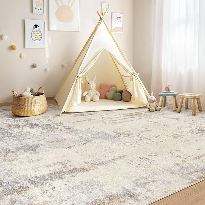 UERMEI Area Rug Living Room Rugs - Washable Neutral Modern Abstract Soft Thin Large Rug Indoor Floor No Slip Rug Carpet for Bedroom Under Dining Table Home Office Decor-Light Brown/Gray-7'x 9'