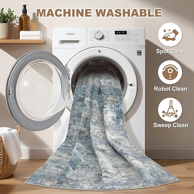 Nakagishi 5x7 Area Rugs Living Room: Washable Abstract Large Neutral Soft Rug Stain Resistant Modern Indoor Floor Non-Slip Carpet for Bedroom Nursery Kids Playroom Office Dining Room Dorm-Blue
