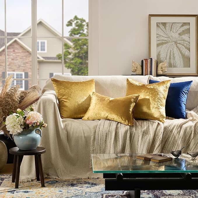 GIGIZAZA Decorative Couch Throw Pillow Covers,Set of 2 Gold Square Pillow Cushion Covers 22x22,Pillow Cases Velvet Pillow Covers