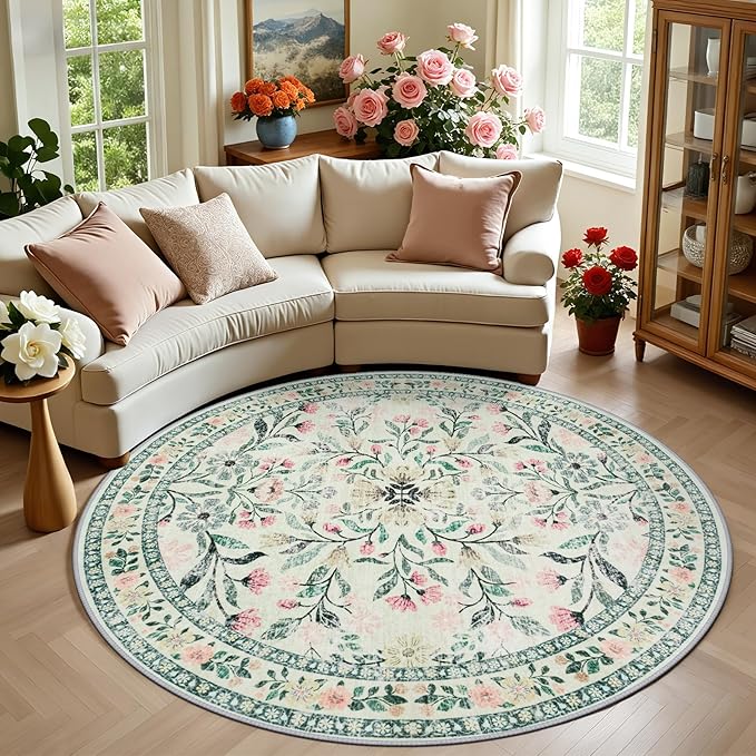 Round Area Rug for Living Room: 6 ft Floral Washable Circle Rug Soft Non-Slip Carpet Indoor Stain Resistant Low Pile Small Circular Rug for Bedroom Entryway Kitchen Nursery Home Office Green Beige