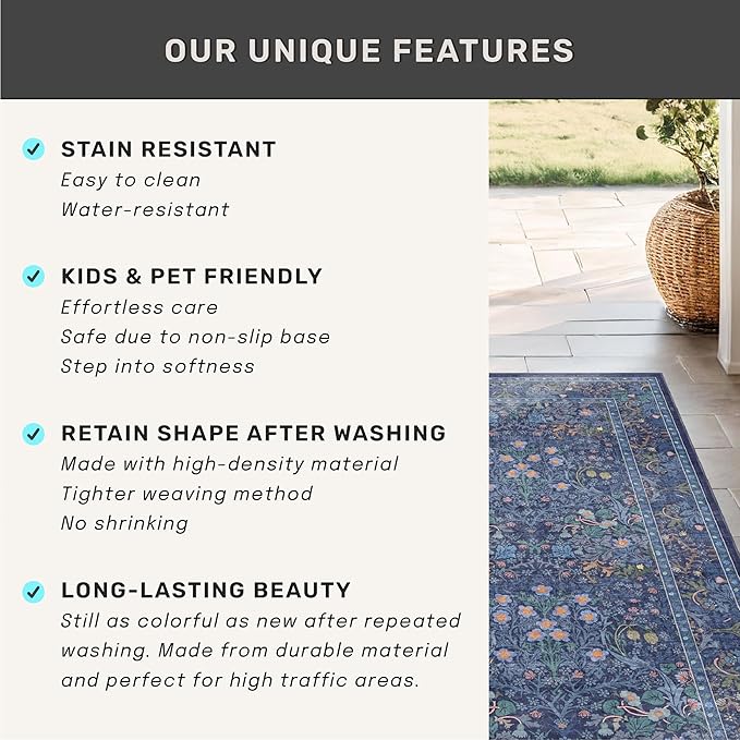 Washable Dark Blue Rug for Living Room - 10x12 Large Area Rug for Dining Room Under Table, Bedroom, Soft Low Pile Non-Slip Stain Resistant Carpet - Vintage Navy Floral Design