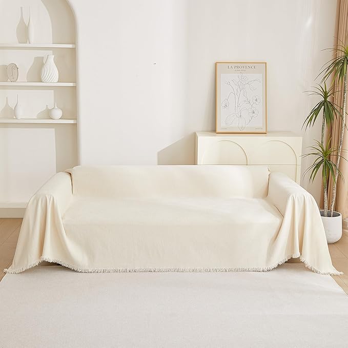 MYSKY HOME Couch Cover 3 Cushion Sofa with Tassel, Chenille Sofa Covers Couch Covers, Slipcovers for Sectional l Shaped Dogs Protector Furniture Covers, 91" X150", Beige
