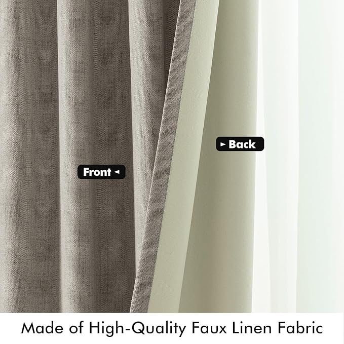 MIULEE 100% Blackout Linen Curtains for Bedroom, Greige Solid Luxury Decor Thermal Insulation Room Darkening Drapes for Living Room Nursery Back Tab Rod Pocket 42 x 63 Inches, 2 Panels