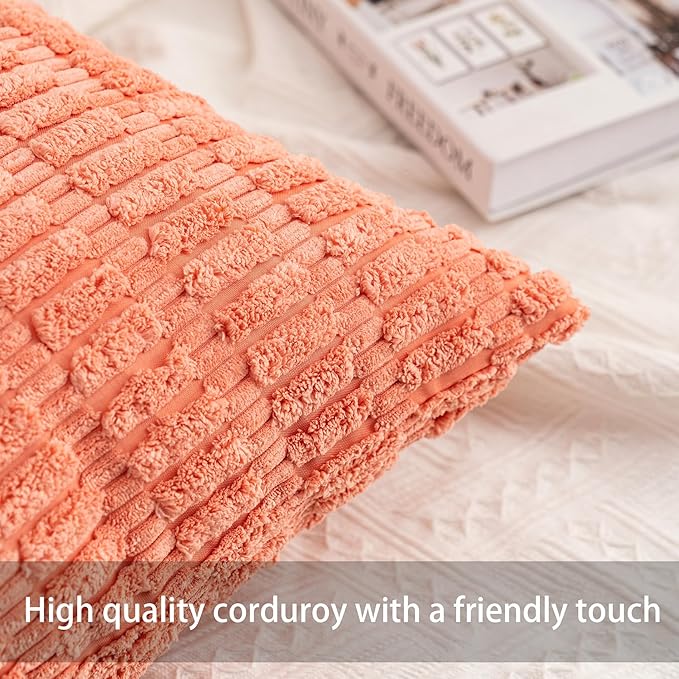 Pack of 2 Corduroy Decorative Throw Pillow Covers 18x18 InchSoft Boho Striped Pillow Covers Modern Farmhouse Home Decor for Sofa Living Room Couch Bed（Orange）