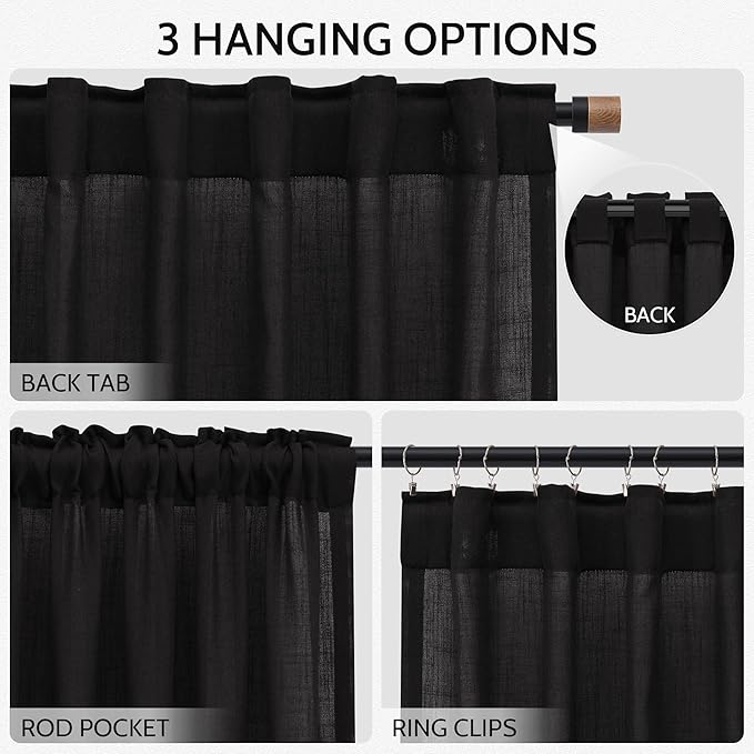 Nanspring Vintage Black Linen Curtains 84 Inch Length 2 Panels Set for Living Room Light Filtering Semi Sheer Curtain Back Tab Privacy Luxury Gothic Vintage Decor Drapes for Bedroom Office 52x84