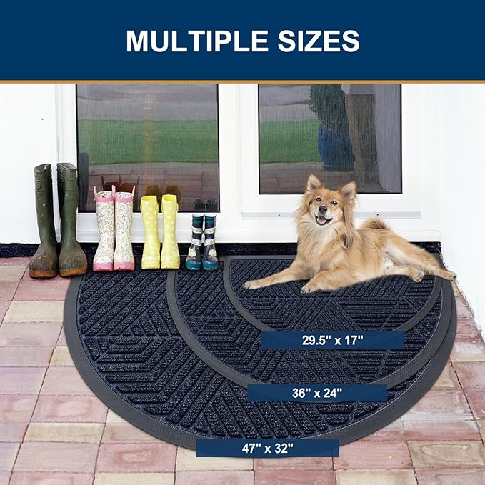 Smiry Half Circle Front Door Mat Outside Entrance, Heavy Duty Sturdy Natural Rubber Doormat, Trap Dirt and Moisture, Low Profile Mats for Indoor Outdoor Entry, Irregular Triangle (35x23, Navy Blue)