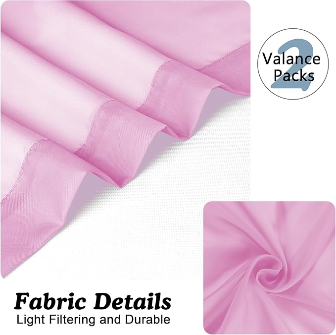 Chyhomenyc Pink Curtains Over Sink 36 Inch Length 2 Panels, Light Filtering Short Rod Pocket Voile Sheer Drapes for Bathroom Living Room Small Windows, Each 42W x 36L inches
