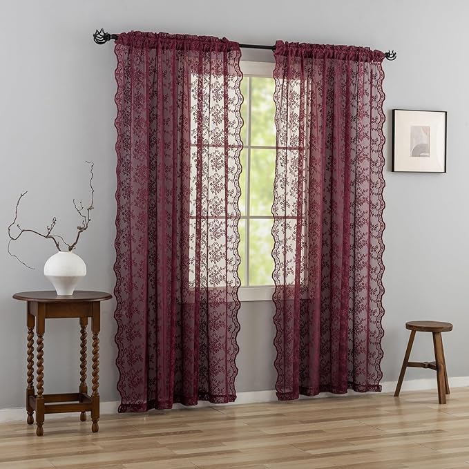 YJ YANJUN Vintage Lace Curtains 90 Inches Long-Victorian Floral Red Burgundy Sheer Curtain Panels forLiving Room Patio Sliding Door Rod Pocket Wedding Party Christmas Decor 2 Panels 52W x 90L