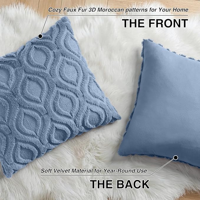 decorUhome Throw Pillow Covers 22x22 Inch Set of 2, Soft Plush Faux Wool Dusty Blue Solid Couch Pillow Covers, Accent Euro Sham Farmhouse Neutral Square Pillow Cases for Sofa Bed Living Room