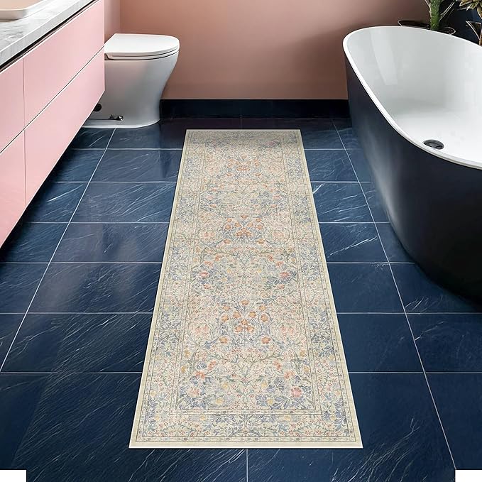 Hazo Haus Non Slip Beige Blue Hallway Runner Rug - Long Runner Rugs 2x7 Washable Kitchen Floor Mat, Laundry Room Rug, Bathroom Runner - Vintage Design Décor