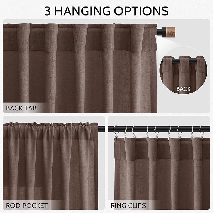 Cappuccino Linen Curtains 132 Inch Length for Living Room Light Filtering Semi Sheer Curtain Back Tab Modern Rustic Home Decor Neutral Drapes Floor to Ceiling High Window for Bedroom 52x132, 2 Panels