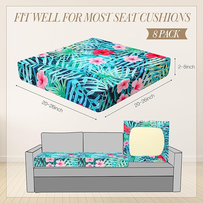 Newwiee 8Pcs Patio Cushion Covers Stretch Outdoor Cushion Cover Replacement for Patio Furniture Sofa Couch Slipcovers, Soft Flexibility Washable Furniture Protector(Fresh Floral,Fresh Color)